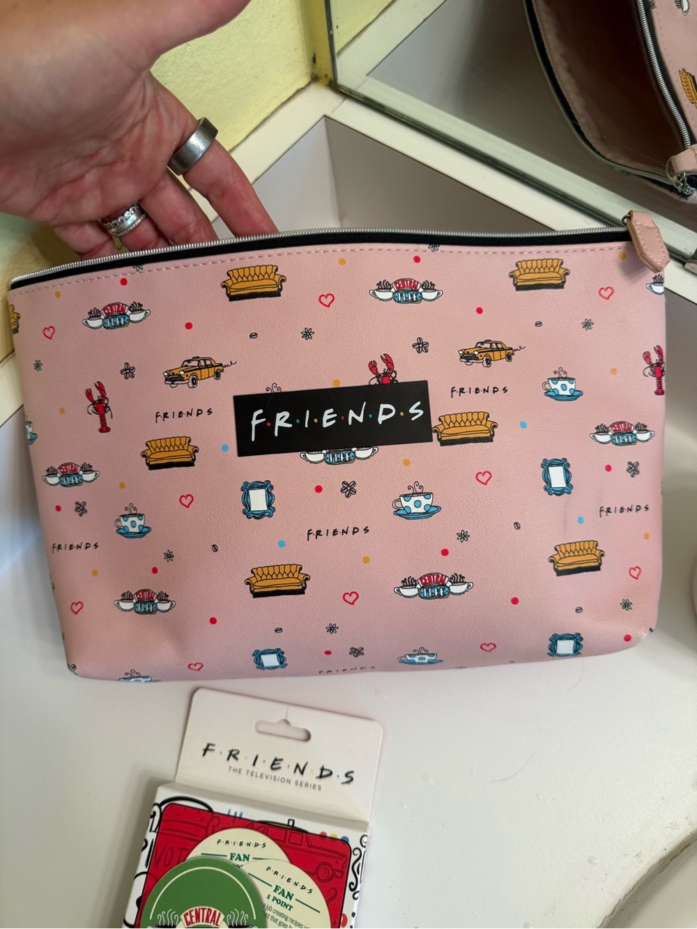 FRIENDS Pink Patterned Icon Cosmetic Pouch with Pottery Barn Mug & fun Coasters - Picture 2 of 9